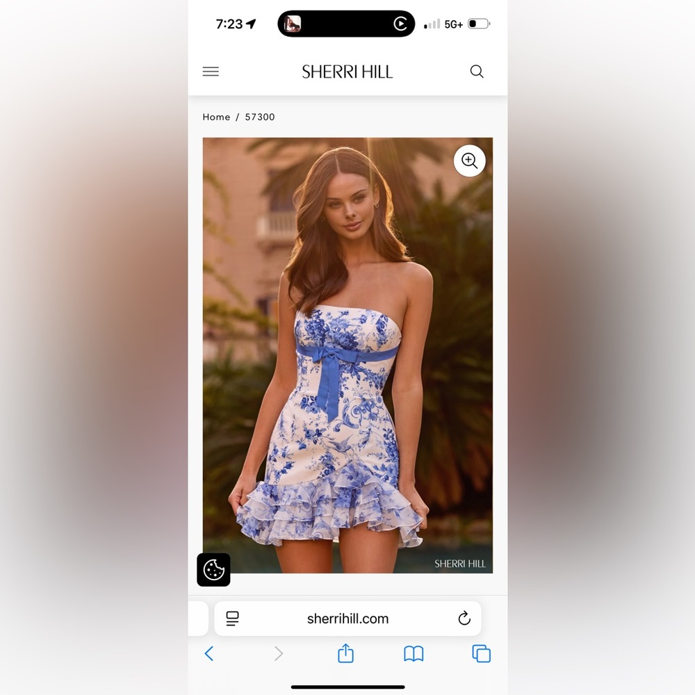 Sherri Hill Floral Strapless Dress in Blue and White